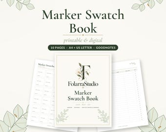 Puede incluir: Un libro de muestras de marcadores de FolarraStudio con 10 páginas en tamaños A4 y US Letter para Goodnotes. La portada muestra el nombre de la marca, una letra F floral y el texto Marker Swatch Book, match, blend, color, practice.
