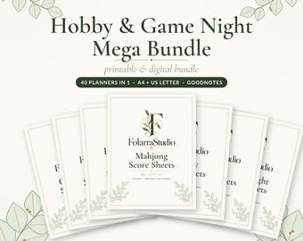 Puede incluir: Un paquete digital e imprimible Hobby & Game Night Mega Bundle con 40 planificadores en tamaños A4 y US Letter. La portada muestra el texto FolarraStudio Mahjong Score Sheets con detalles florales sobre un fondo crema.