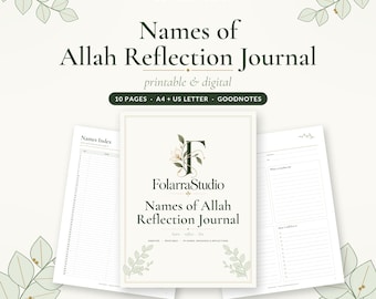 Puede incluir: Un diario de reflexión sobre los nombres de Alá de FolarraStudio con 10 páginas en formatos A4 y US Letter. La portada muestra un logotipo floral con la letra F, mientras que las páginas interiores incluyen un índice y secciones rayadas.