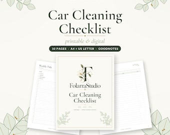 Puede incluir: Una lista de verificación de limpieza de automóviles digital e imprimible de FolarraStudio. El conjunto incluye 10 páginas en tamaños A4 y US Letter, compatibles con Goodnotes. La portada presenta un logotipo floral con la letra F y el texto Car Cleaning Checklist.