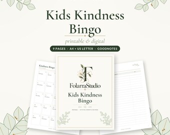 Puede incluir: Un set de actividades Kids Kindness Bingo imprimible y digital con 9 páginas en formatos A4 y US Letter. La portada muestra el logo de FolarraStudio con detalles florales, mientras que las páginas interiores presentan una cuadrícula de bingo.