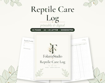 Puede incluir: Un conjunto de planificador digital e imprimible Reptile Care Log de FolarraStudio. La portada presenta una letra F grande con detalles florales, mientras que las páginas interiores incluyen un perfil de reptil y tablas de seguimiento.