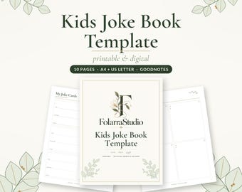 Puede incluir: Una plantilla de libro de chistes para niños de FolarraStudio, imprimible y digital, con 10 páginas en formatos A4 y US Letter. El diseño incluye una portada con un logotipo floral de la letra F, tarjetas de chistes y páginas de actividades.