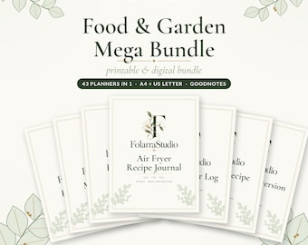 Puede incluir: Un paquete digital e imprimible Food & Garden Mega Bundle de FolarraStudio con 43 planificadores en uno. El conjunto incluye un diario de recetas para freidora de aire, registros de recetas y tablas de conversión en formatos A4 y US Letter.