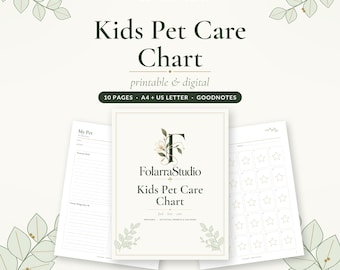 Puede incluir: Un conjunto digital de tabla de cuidado de mascotas para niños de FolarraStudio con 10 páginas en formatos A4 y US Letter. La portada muestra el nombre de la marca y el título, mientras que las páginas interiores incluyen campos de información.