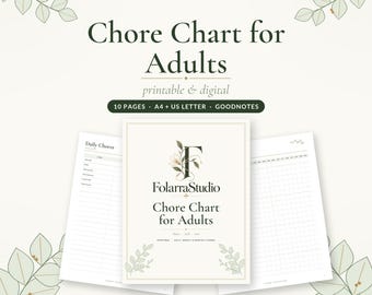 Puede incluir: Una tabla de tareas digitales e imprimibles para adultos de FolarraStudio. El conjunto incluye 10 páginas en tamaños A4 y US Letter, compatible con Goodnotes. El diseño presenta texto verde oscuro, un logotipo floral con la letra F y hojas.