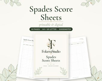 Puede incluir: Un conjunto de hojas de puntuación para Spades que incluye una portada con el texto FolarraStudio Spades Score Sheets, rodeada por dos páginas interiores con columnas para registrar pujas y bazas, decoradas con ilustraciones botánicas.