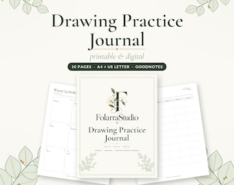 Puede incluir: Un diario de práctica de dibujo de 10 páginas, disponible en tamaños A4 y US Letter para Goodnotes. La portada incluye el texto FolarraStudio, Drawing Practice Journal, y practice, observe, improve, con un gráfico floral de la letra F.