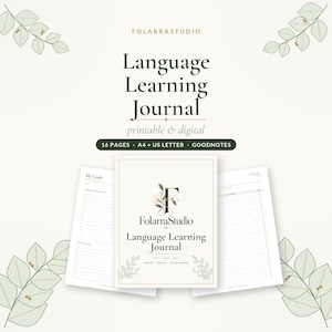 May include: A language learning journal with a cover featuring the text FolarraStudio Language Learning Journal, surrounded by two open pages with lined sections for goals and notes, all decorated with botanical leaf illustrations.