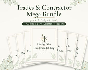 Puede incluir: Un conjunto de planificadores digitales e imprimibles Trades & Contractor Mega Bundle de FolarraStudio. La colección incluye 41 planificadores en tamaños A4 y US Letter, con un Handyman Job Log y motivos de hojas.
