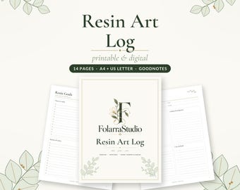Puede incluir: Un diario de arte en resina digital e imprimible de FolarraStudio con 14 páginas en tamaños A4 y US Letter. La portada muestra el nombre de la marca, un logotipo floral y el texto Resin Art Log, mix, pour, cure, resin, pigments & molds.