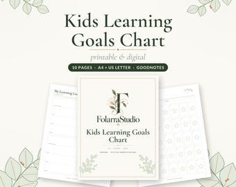 Puede incluir: Un conjunto de productos digitales Kids Learning Goals Chart de FolarraStudio. La imagen muestra una portada central con un logotipo floral, flanqueada por dos páginas interiores que muestran plantillas de seguimiento con estrellas.