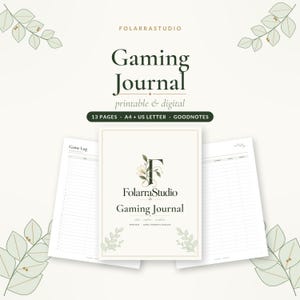 May include: A digital and printable gaming journal by FolarraStudio featuring 13 pages in A4 and US Letter sizes. The cover displays the FolarraStudio logo with floral accents, while interior pages include a game log with columns for tracking.