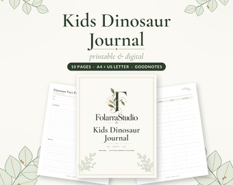 Puede incluir: Un diario de dinosaurios para niños imprimible y digital con 10 páginas en tamaños A4 y US Letter. La portada muestra el logotipo de FolarraStudio con detalles florales, mientras que las páginas interiores incluyen tablas con líneas.