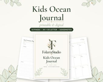Puede incluir: Un diario infantil sobre el océano de FolarraStudio, imprimible y digital, con 10 páginas en formatos A4 y US Letter. La portada muestra el logotipo de FolarraStudio con detalles florales y las páginas interiores incluyen líneas y un calendario.