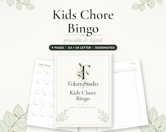 Puede incluir: Un conjunto de bingo de tareas para niños, imprimible y digital, con nueve páginas en tamaños A4 y US Letter. La portada muestra el logotipo de FolarraStudio con detalles florales, mientras que las páginas interiores presentan una cuadrícula.
