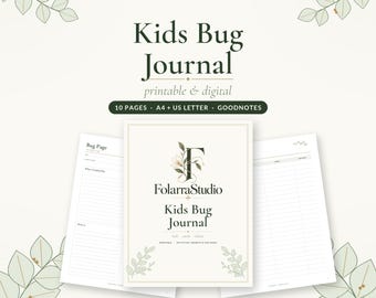 Puede incluir: Un diario de insectos para niños imprimible y digital con 10 páginas en tamaños A4 y US Letter. La portada muestra el texto FolarraStudio Kids Bug Journal con detalles florales y páginas para observaciones.