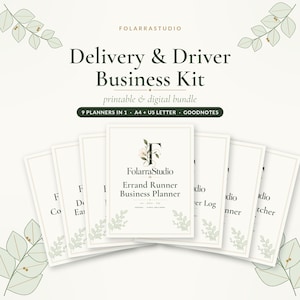 May include: A Delivery & Driver Business Kit printable and digital bundle featuring 9 planners in 1, compatible with A4, US Letter, and Goodnotes. The central document is titled Errand Runner Business Planner by FolarraStudio.