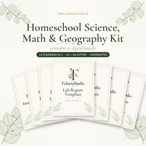 May include: A digital bundle of homeschool science, math, and geography planners by FolarraStudio. The set includes 12 printable templates in A4 and US Letter sizes, featuring a Lab Report template and compatibility with Goodnotes software.