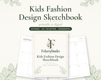 Puede incluir: Un cuaderno de bocetos de moda infantil de FolarraStudio con 10 páginas en formatos A4 y US Letter. La portada muestra el título y un logotipo floral, mientras que las páginas interiores muestran plantillas de diseño para crear atuendos.