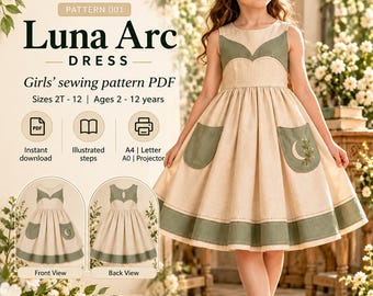 Puede incluir: Un vestido sin mangas en color beige y verde salvia con corpiño en forma de corazón, dos bolsillos de parche y una banda ancha en el dobladillo. El bolsillo izquierdo tiene un bordado de luna creciente y flores. Texto: FolarraStudio Luna Arc Dress.