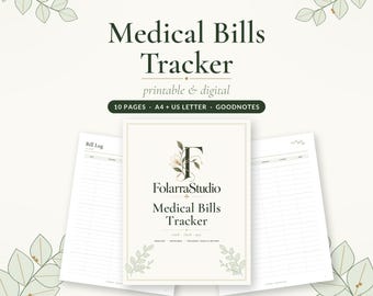 Puede incluir: Un planificador Medical Bills Tracker imprimible y digital de 10 páginas en formatos A4 y US Letter. La portada muestra el logotipo de FolarraStudio con detalles florales, y las páginas interiores incluyen un registro de facturas con columnas.