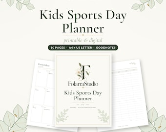 Puede incluir: Un planificador de día deportivo para niños de 10 páginas, disponible en tamaños A4 y US Letter para Goodnotes. La portada muestra el logo de FolarraStudio, ilustraciones florales y el texto Kids Sports Day Planner.