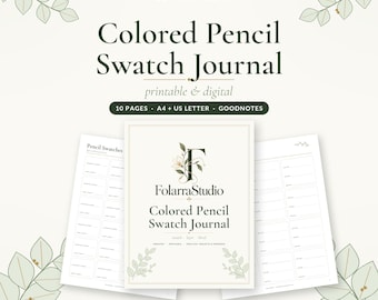 Puede incluir: Un diario de muestras de lápices de colores digital e imprimible de FolarraStudio con 10 páginas, formatos A4 y US Letter, y compatibilidad con Goodnotes. La portada muestra la marca, una letra F floral y el texto swatch, layer, blend.