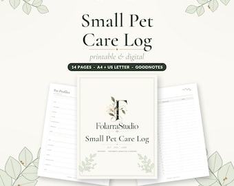Puede incluir: Un registro de cuidado para mascotas pequeñas, digital e imprimible, con 14 páginas en tamaños A4 y US Letter. La portada presenta el logotipo de FolarraStudio, ilustraciones florales y el texto Small Pet Care Log.