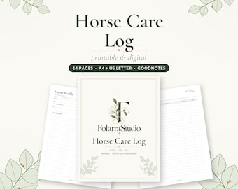 Puede incluir: Un registro de cuidado de caballos imprimible y digital con 14 páginas en tamaños A4 y US Letter. La portada muestra el logotipo de FolarraStudio con detalles florales, y las páginas interiores incluyen campos para perfiles y registros.
