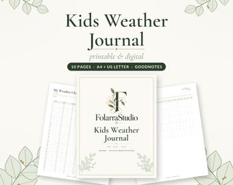 Puede incluir: Un diario meteorológico para niños imprimible y digital de FolarraStudio con 10 páginas en formatos A4 y US Letter. La portada muestra el nombre de la marca y el título con detalles florales, mientras que las páginas interiores muestran tablas.