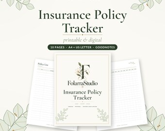 Puede incluir: Un rastreador de pólizas de seguro digital e imprimible de FolarraStudio con 10 páginas en tamaños A4 y US Letter. El documento incluye una lista de pólizas y hojas de seguimiento con un logotipo floral, tipografía serif y detalles de hojas verdes.