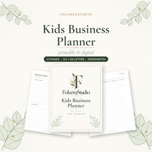 Puede incluir: Un planificador de negocios para niños digital e imprimible de FolarraStudio con 13 páginas en formatos A4 y US Letter. La portada muestra el texto Kids Business Planner y FolarraStudio con un gráfico floral y dos páginas interiores.