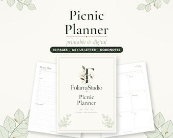 Puede incluir: Un planificador de picnic digital e imprimible de FolarraStudio con 10 páginas en formatos A4 y US Letter, compatible con Goodnotes. La portada muestra el nombre de la marca, el título Picnic Planner e ilustraciones florales.