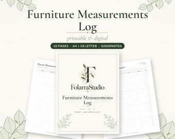 Puede incluir: Un registro digital de medidas de muebles de FolarraStudio con 10 páginas en formatos A4 y US Letter. La portada muestra el nombre de la marca, una letra F floral y el texto Furniture Measurements Log. Dos páginas interiores muestran tablas.