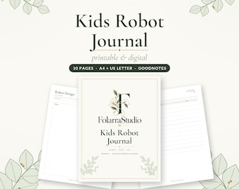 Puede incluir: Un diario de robots para niños, imprimible y digital de FolarraStudio, con 10 páginas en formatos A4 y US Letter. La portada muestra el título y un logotipo floral, mientras que las páginas interiores incluyen diseño de robots y líneas.