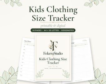 Puede incluir: Un rastreador de tallas de ropa infantil digital e imprimible de FolarraStudio. El conjunto incluye 10 páginas en formatos A4 y US Letter, compatible con Goodnotes. La portada presenta un logotipo floral y el título Kids Clothing Size Tracker.