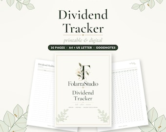 Puede incluir: Un conjunto de planificador Dividend Tracker imprimible y digital de FolarraStudio. La portada presenta un logotipo floral con la letra F, mientras que las páginas interiores incluyen tablas organizadas para el seguimiento.