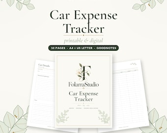Puede incluir: Un conjunto de documentos digitales e imprimibles para el seguimiento de gastos de coche de FolarraStudio. La portada muestra un logotipo floral con la letra F, el título Car Expense Tracker y texto sobre 10 páginas, A4, US Letter y Goodnotes.