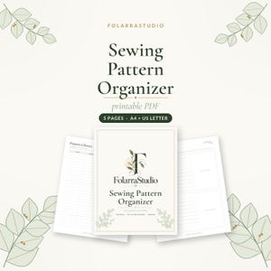 May include: A printable PDF sewing pattern organizer by FolarraStudio. The document includes 5 pages in A4 and US Letter sizes. The cover page features the brand name, a floral graphic, and the text Sewing Pattern Organizer.