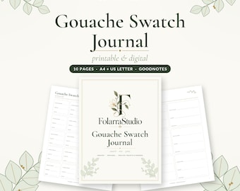 Puede incluir: Un diario de muestras de gouache imprimible y digital de 10 páginas en formatos A4 y US Letter. La portada muestra el texto FolarraStudio Gouache Swatch Journal con un logotipo de letra F floral e ilustraciones de hojas verde claro.