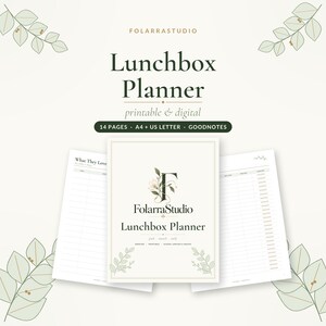 Puede incluir: Un planificador de loncheras imprimible y digital de FolarraStudio con 14 páginas en tamaños A4 y US Letter. La portada muestra el nombre de la marca, un logotipo floral con la letra F y el texto: Lunchbox Planner, pack, munch, smile, undated, printable, school lunches & snacks.
