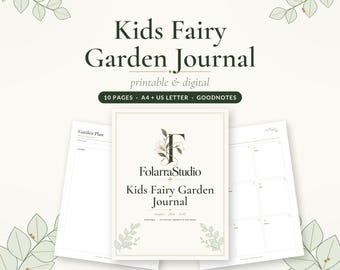 Puede incluir: Un diario de jardín de hadas para niños, producto imprimible y digital de 10 páginas en tamaños A4 y US Letter. La portada muestra el texto FolarraStudio Kids Fairy Garden Journal, imagine plan build, con un gráfico floral.