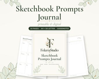 Puede incluir: Un diario de sugerencias de bocetos imprimible y digital de FolarraStudio. La portada presenta una letra F grande con detalles florales, el título y el texto: 10 PAGES, A4 + US LETTER, GOODNOTES. Incluye páginas interiores con cuadrículas.