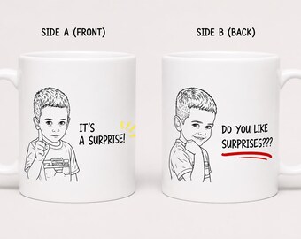 Taza de cerámica divertida con dibujo lineal personalizado, linda taza de café "¿Te gustan las sorpresas?", regalo de cumpleaños único para un amigo.