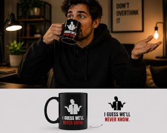 Taza de cerámica negra de 325 ml con la frase "Supongo que nunca lo sabremos", taza de café con un meme icónico de la cultura pop, taza divertida con silueta de hip hop, regalo de tendencia viral de TikTok.