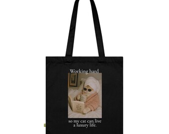 Bolso de mano corporativo con diseño divertido de gato: "Trabajando duro para que mi gato pueda vivir una vida de lujo", bolso de hombro adorable para amantes de los gatos, regalo de humor para compañeros de trabajo.