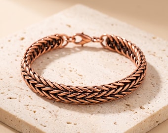 Bracelet homme en cuivre à chevrons, chaîne en queue de renard oxydée, cuivre tissé de 10 mm de large