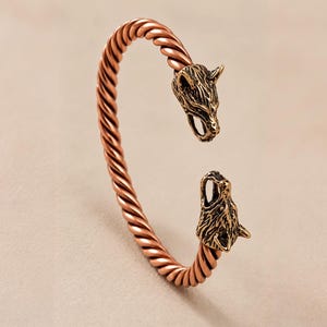 Viking Bracelet, Copper Cuff with Brass Wolf Heads, Twisted Norse Bangle, Adjustable
