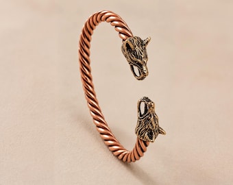 Viking Bracelet, Copper Cuff with Brass Wolf Heads, Twisted Norse Bangle, Adjustable